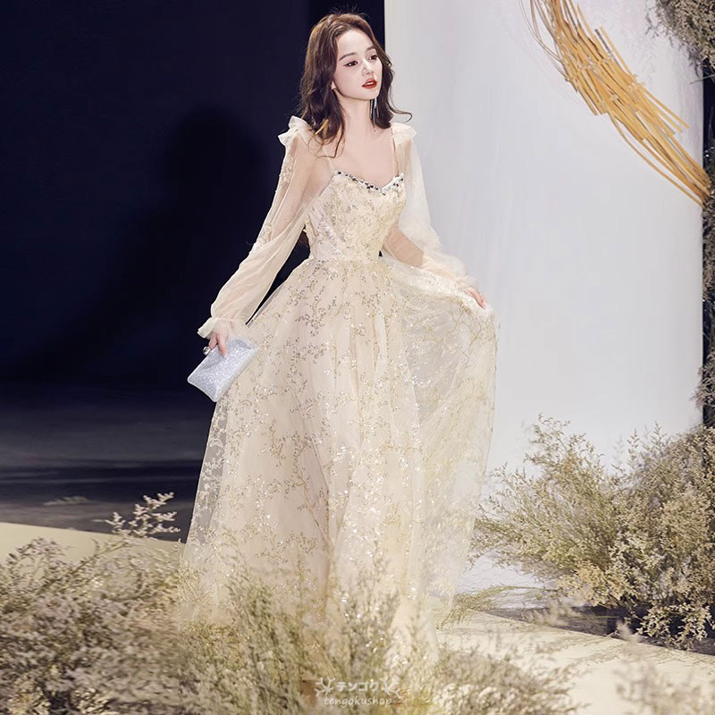 キレ スパンコール 二次会ドレス 花柄 パーティードレス 結婚式ドレス スクエアネック ロングドレス パフスリーブ シャンパン色