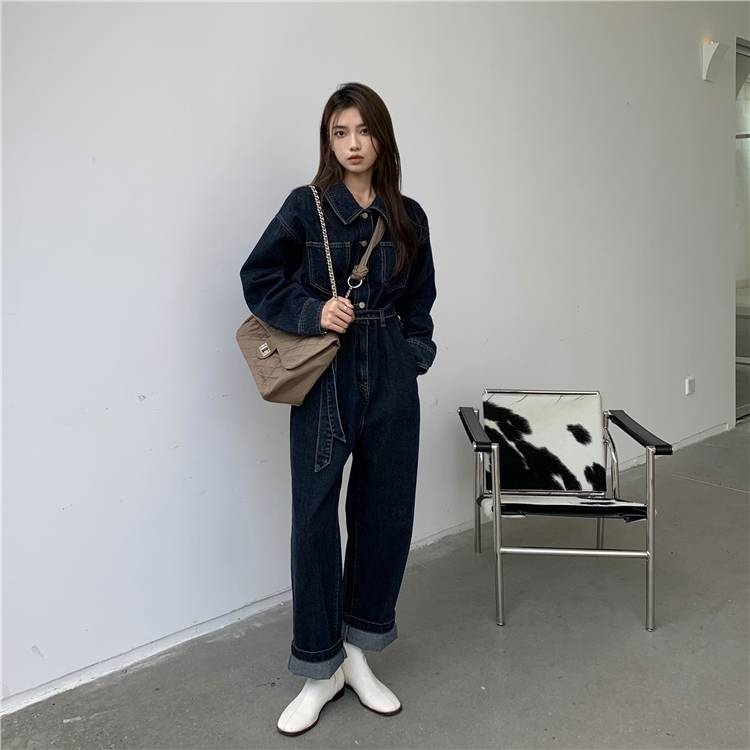 ポケ フロントボタン 前開き ロングスリーブ 長袖 ロンパース ジャンプスーツ コンビネゾン 送料無料 レディース オールインワン