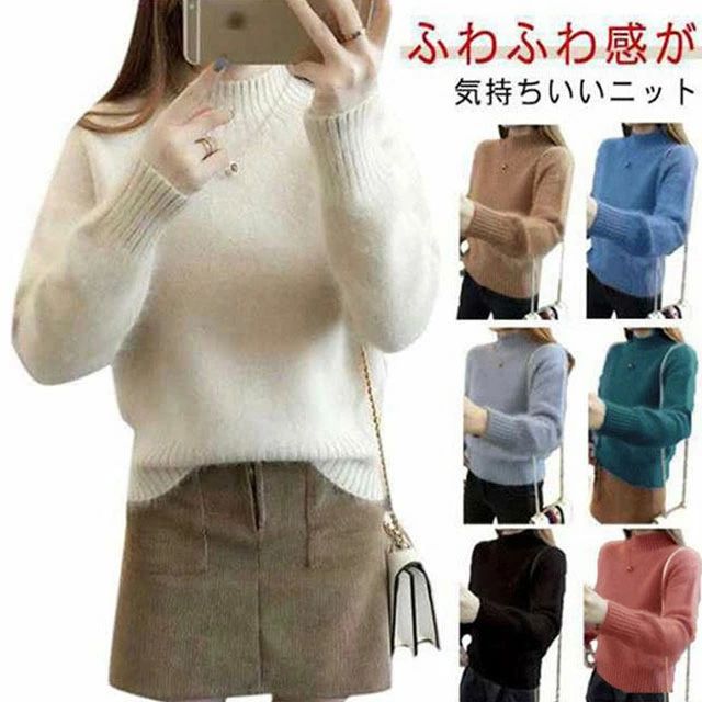 ハイ 無地 シンプル シャギーニット トップス ニット フェイクファー 秋冬 もこもこ ふわふわ 長袖 せ..