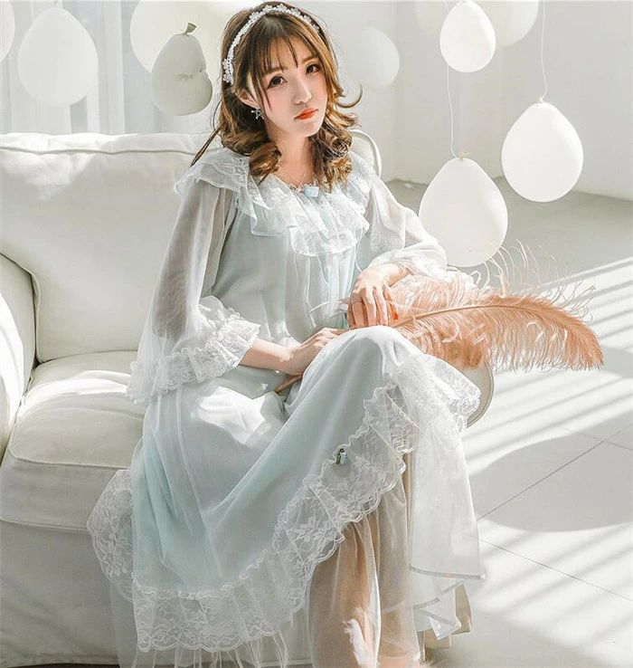 ホワイト 可愛い きれいめ 袖付き 婦人服 部屋着 ナイトウェア レース 寝巻き レディース ワンピース ルームウェア 姫系 ロング