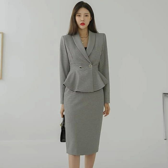 大きいサ お嬢様 セットアップ 灰色 グレー スーツ スカート ミモレ タイト ジャケット 長袖 フリル ペプラム テーラードカラー