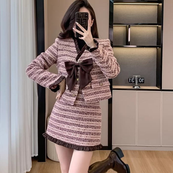 上品 大きいサイズ お嬢様 セットアップ ピンク スーツ スカート ミニ フレア ジャケット 長袖 フリル リボン ツイード Vネック