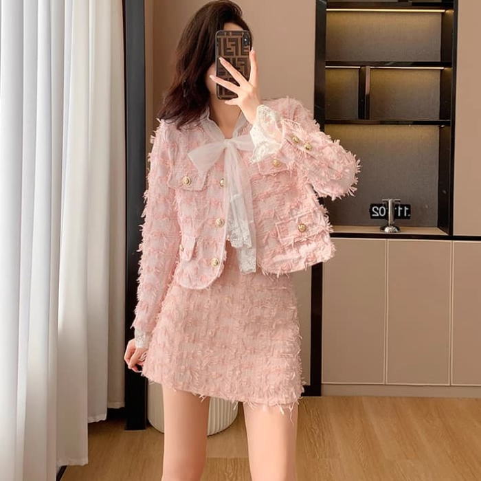 上品 大きいサイズ お嬢様 セットアップ ピンク スーツ スカート ミニ フレア ジャケット 長袖 金ボタン ツイード ノーカラー