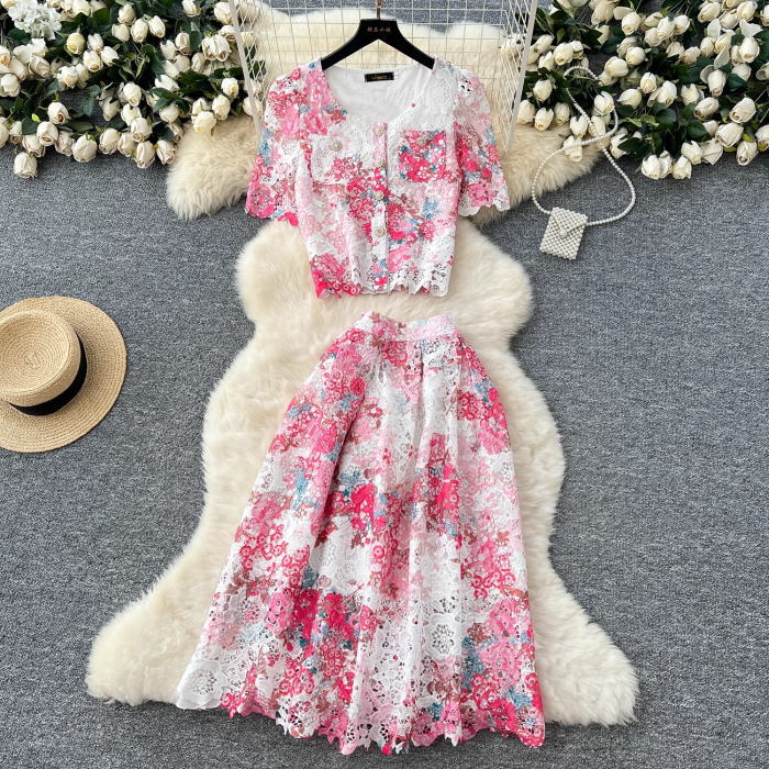 お 水色 ブルー 紫 パープル 黄色 イエロー ピンク スーツ スカート ロング フレア トップス 半袖 パール レース グラデーション