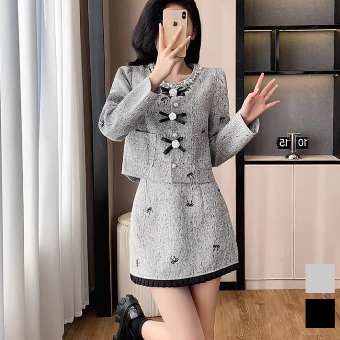 大 お嬢様 セットアップ 黒 灰色 グレー スーツ スカート ミニ フレア ジャケット 長袖 パール リボン スパンコール ノーカラー