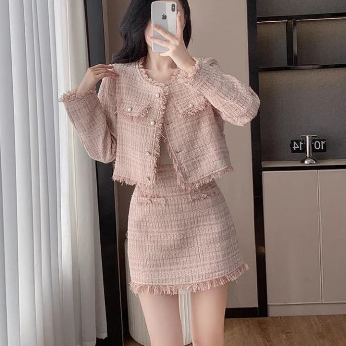 小 着痩せ 上品 大きいサイズ お嬢様 セットアップ ピンク スーツ スカート ミニ フレア ジャケット 長袖 ツイード ノーカラー