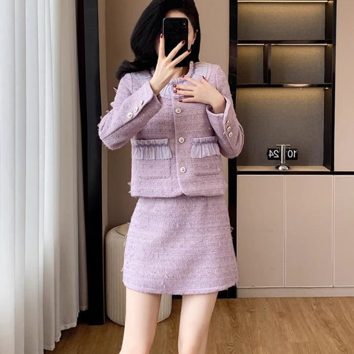紫 ラベンダー スーツ スカート ロング タイト スカート ミニ フレア ジャケット 長袖 フリル ツイード ノーカラー セットアップ