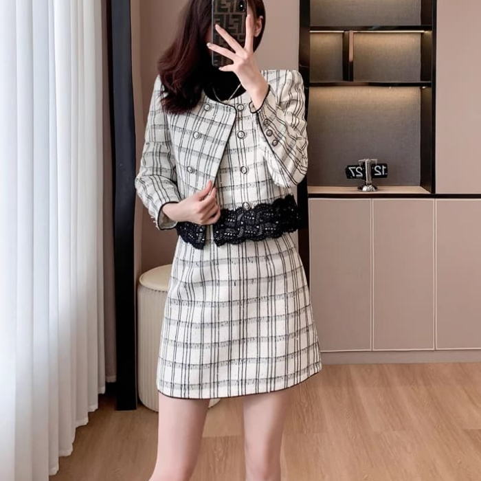 大きいサイズ お嬢様 セットアップ 生成 ベージュ スーツ スカート ミニ フレア ジャケット 長袖 レース チェック柄 ノーカラー