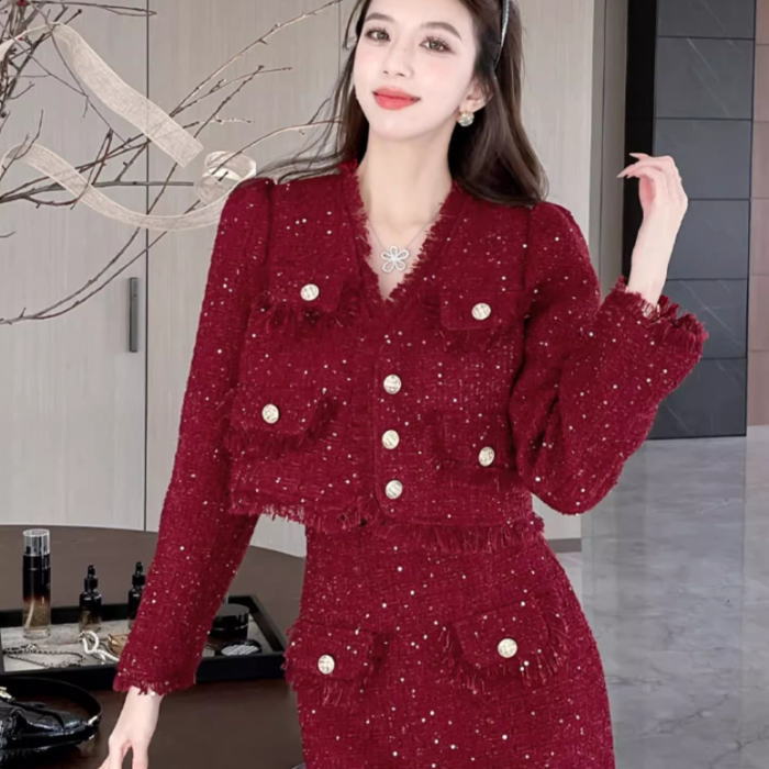 着痩 上品 大きいサイズ お嬢様 セットアップ 赤 スーツ スカート ミニ フレア ジャケット 長袖 ツイード スパンコール Vネック