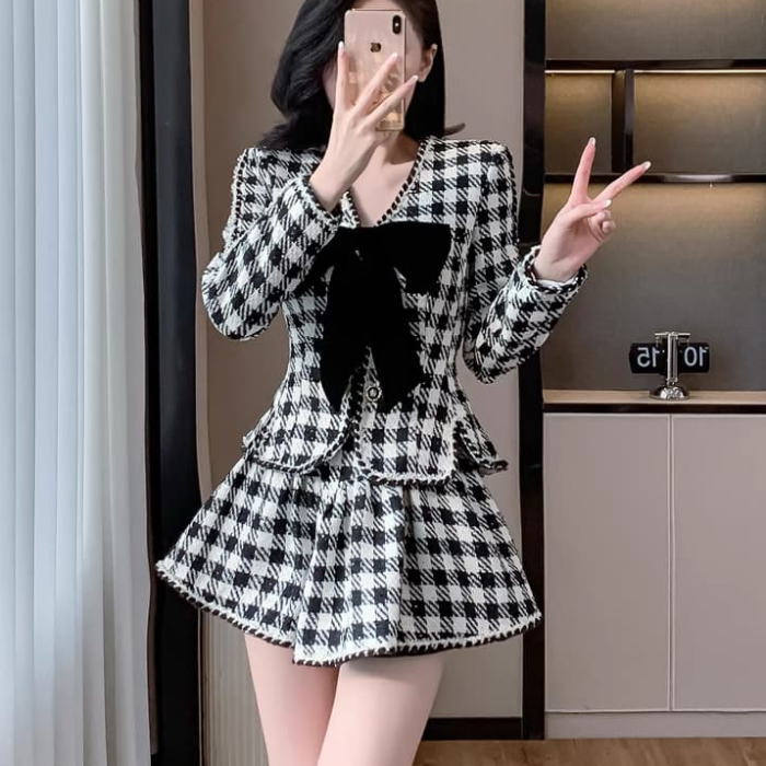 上品 大きいサイズ お嬢様 セットアップ 黒 スーツ スカート ミニ フレア ジャケット 長袖 リボン ツイード Vネック チェック柄