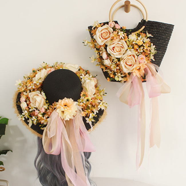 おし 軽量 かごバック カゴバック 夏バッグ カゴバッグ リボン お花 花 フラワー 生成 ベージュ 黒 ブラック セット 麦わら帽子