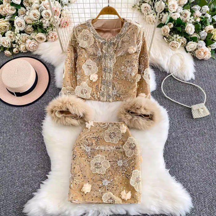 ベージュ スーツ スカート ミニ タイト ジャケット 長袖 ファー パール ビーズ スパンコール 花 ベロア ノーカラー セットアップ