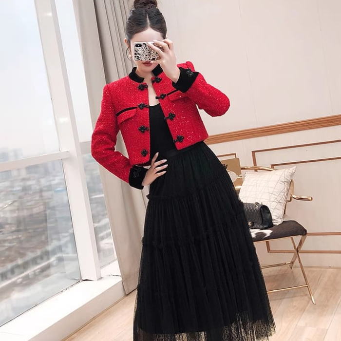 レ ロング フレア フリル チュール ジャケット 長袖 ツイード スパンコール チャイナカラー スタンドカラー スカート レディース