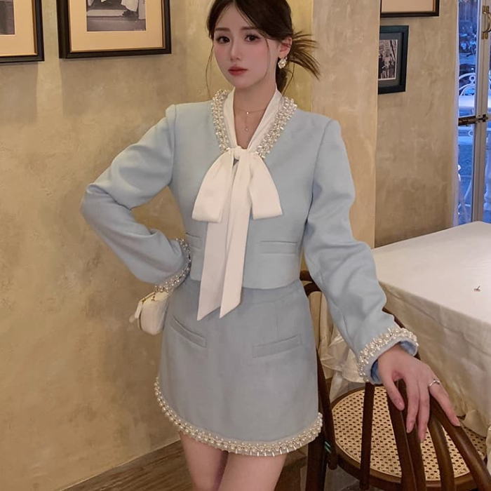 韓国 服 可愛い きれいめ 上品 水色 ブルー ミニ フレア ジャケット 長袖 パール ツイード リボン Vネック スカート レディース