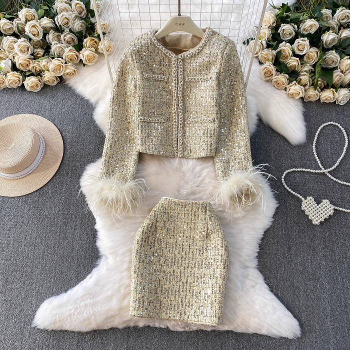 セットア 生成 ベージュ スーツ スカート ミニ タイト ジャケット 長袖 羽根 フェザー スパンコール パール ツイード ノーカラー