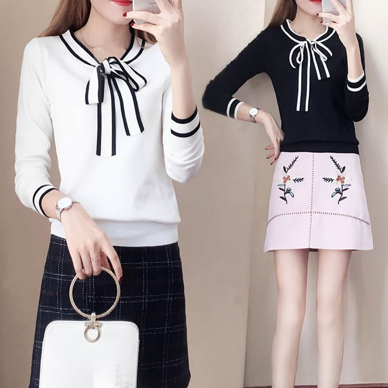 可愛い 大人 シンプル ボウタイ ラウンドネック 人気 スリム 清楚 きれいめ 上品 長袖 カットソー シャ..