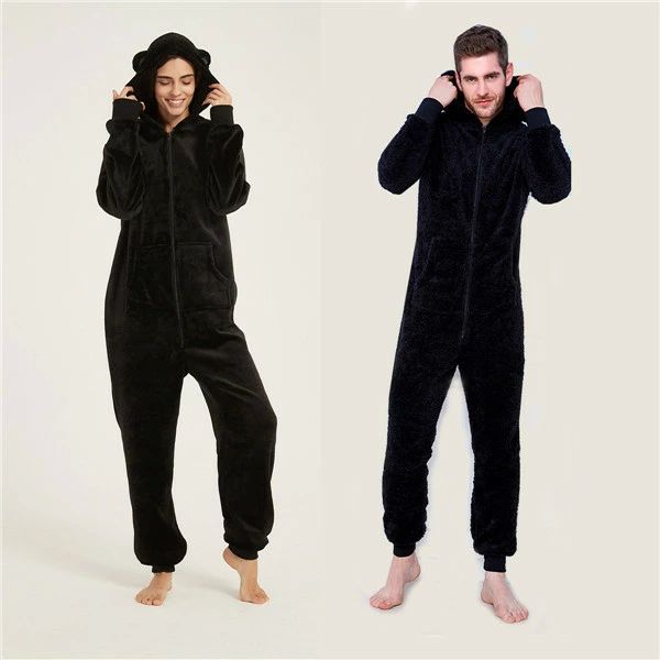 前開 黒 パジャマ 後ファスナー ナイトウェア カップル ふわふわ 冬 ルームウェア メンズ レディース 大人 フード付き パジャマ