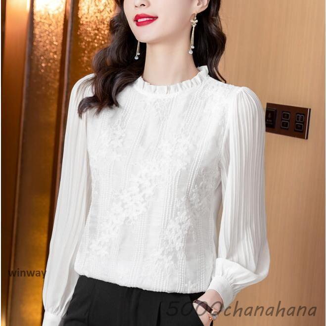 ブラウス 白 レディース レース 長袖ブラウス スタンドカラー 刺繍 フリルブラウス チュニック 大人 Yシャツ パフスリーブ 春 夏 春夏 スーツ