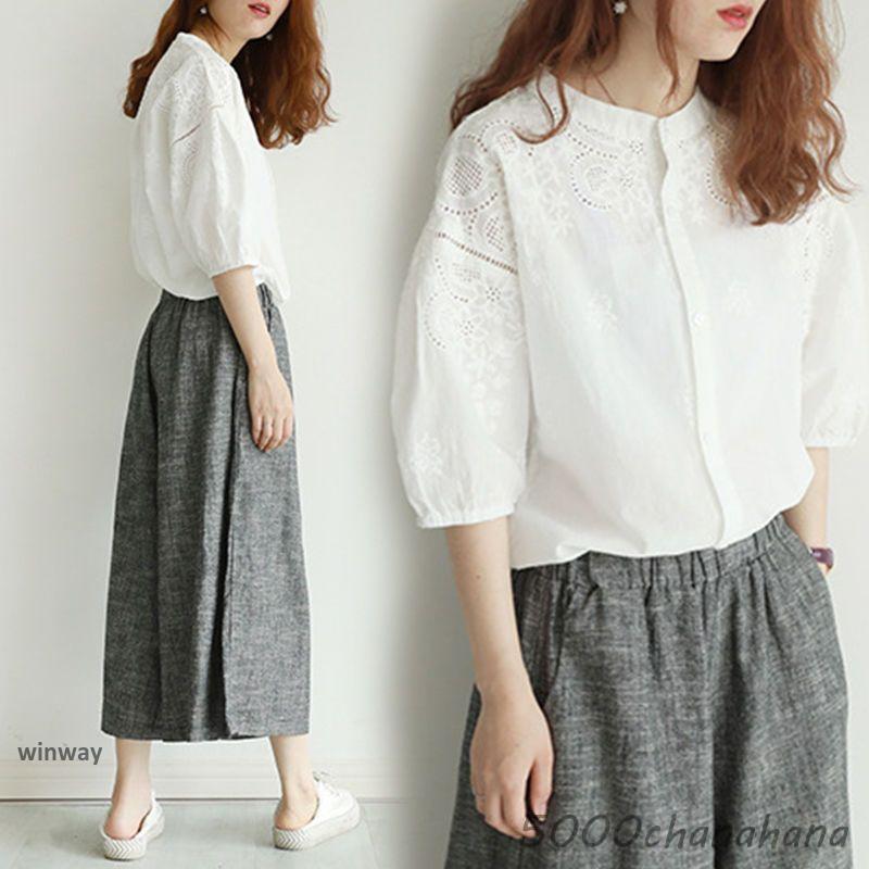 ブラウス レディース 40代 春夏 オシャレブラウス 韓国風 五分袖チュニック 白レース刺繍 パフスリーブシャツ 白トップス ゆったり 体型カバー カジュアル