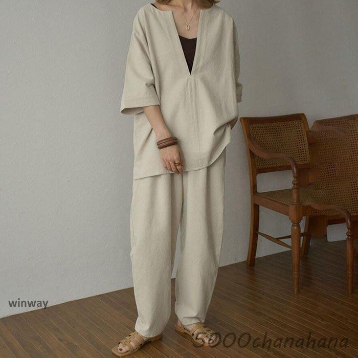 セットアップ レディース 40代 春夏新作 五分袖TシャツVネック ロング丈パンツ 上下セット ゆったり オシャレ 韓国風セットアップ 着痩せ カジュアル 30代