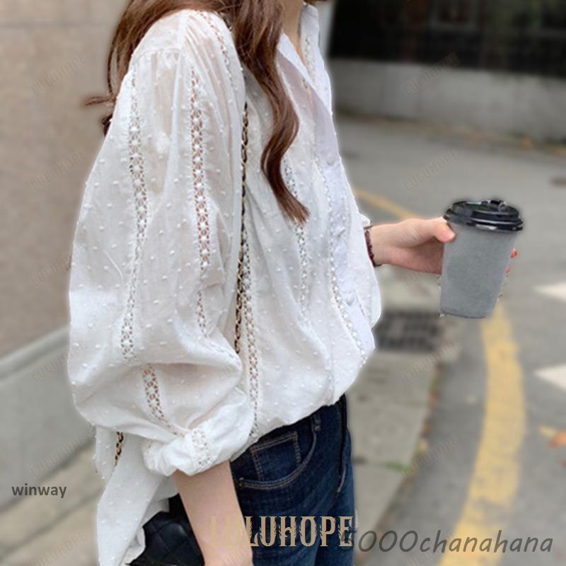 ブラウス レディース 長袖 レース おしゃれ きれいめ 白 ドット 春秋 シンプル トップス シャツ パフスリーブ