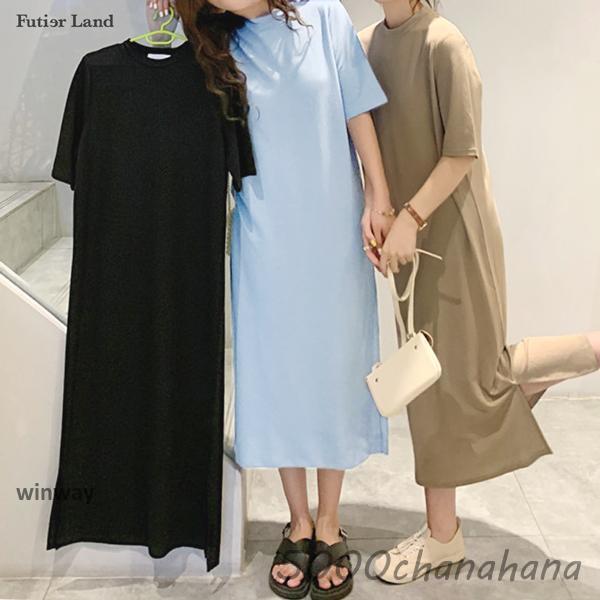 ワンピース Tシャツワンピ ロングワンピ 体型カバー 半袖 韓国 ファッション ラウンドネックTシャツロングワンピース