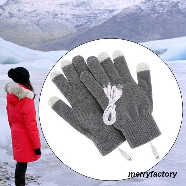 【期間限定10％OFF】女性のための電気USB加熱手袋フルフィンガーニット男性屋外グレー
