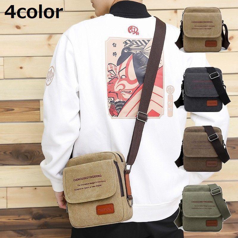 ショルダーバッグ メンズ キャンバス カジュアル 多収納 斜めがけ 肩掛け かばん ミニショルダー 小さめ 旅行 ファスナー ロゴ コンパクト カバン