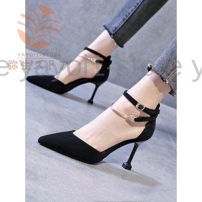 サンダル レディース パンプス ダブルストラップ ハイヒール ピンヒール アンクルストラップ ポインテッドトゥ シューズ 夏向き おしゃれ ブラック