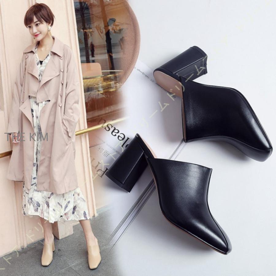 ヒールサンダル レディース 本革 スクエアトゥ ハイヒール ミュール 黒 チャンキーヒール 8センチ ローファーパンプス ミュールサンダル 太ヒール 安定感