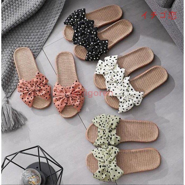 【期間限定10％OFF】ルームシューズ リボン付き 室内 スリッパ サンダル スリッパ レディース 麻 ジュ..
