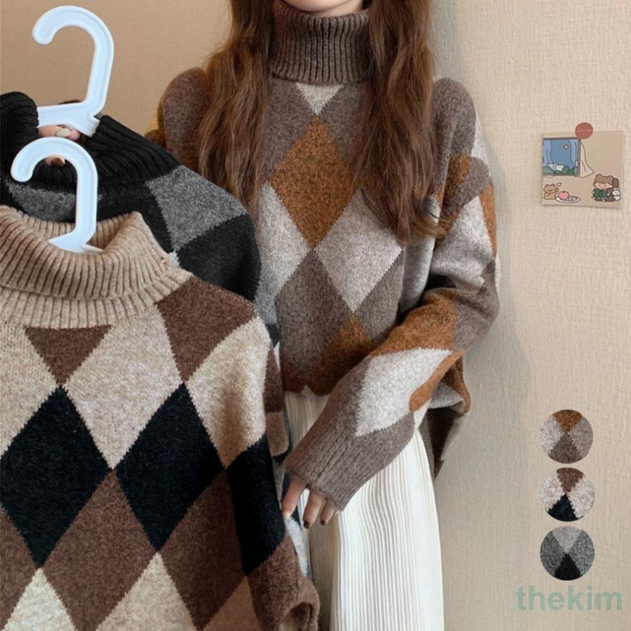 【期間限定10%OFF】タートルネックニットトップス アーガイル