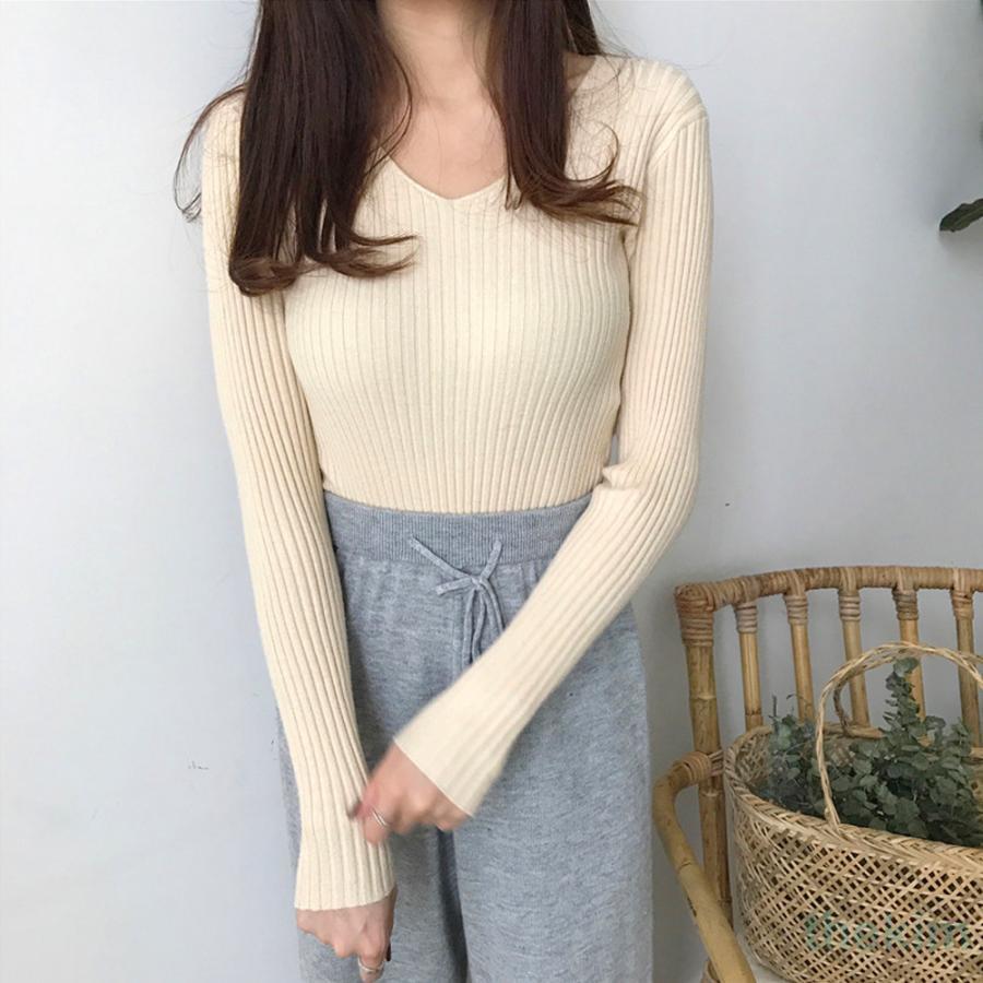 スーパーセール限定！タイト リブニット vネック きれいめ ニット トップス レディース 長袖 シンプル おしゃれ