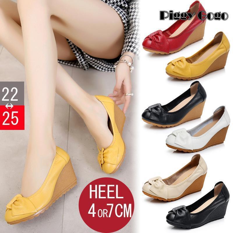 ウェッジソールシューズ ローヒール パンプス ラウンドトゥ 履きやすい 疲れにくい 30代 40代 50代 コンフォートシューズ ヒール 厚底 リボン