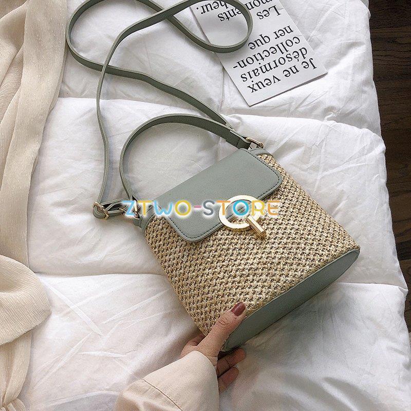 4色有り レディース ストローバッグ ビーチ バケットバッグ ショルダー ハンド 2WAY