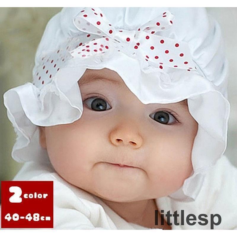 チューリップハット ベビー帽子 新生児 赤ちゃん かわいい リボン ドット レース 折り畳み おしゃれ 女..
