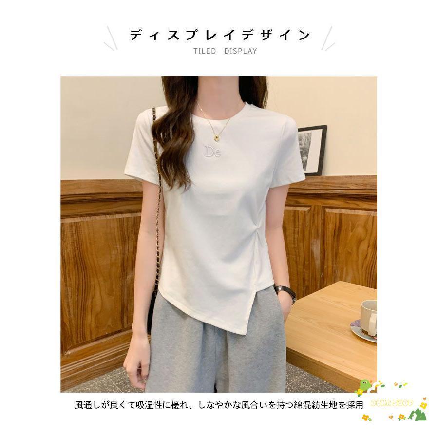 半袖Tシャツ 夏 レディース Tシャツ アシンメトリー 半袖 夏Tシャツ 細身 クルーネック ストレッチ 不規則裾 カットソー おしゃれ ホワイトTシャツ オフィス 白t