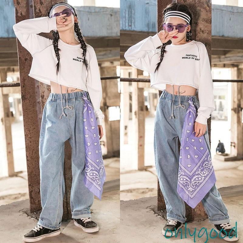 デニムパンツ キッズ ダンス衣装 セットアップ ヒップホップ 長袖 トップス パンツ ズボン 男の子 女の子 子供服 ステージ衣装 練習着