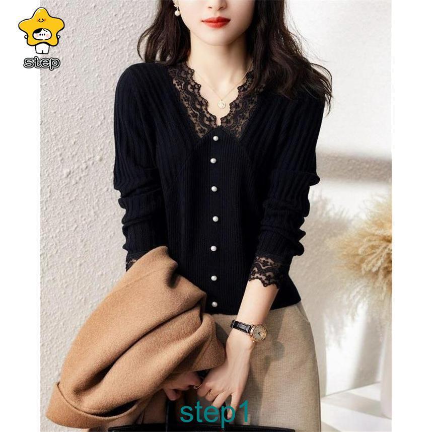 ブラウス レディース 春 秋 40代 長袖 セーター トップス レース きれい vネック お洒落 可愛い ゆったり カジュアル 通勤 OL 着回し 着痩せ 上品