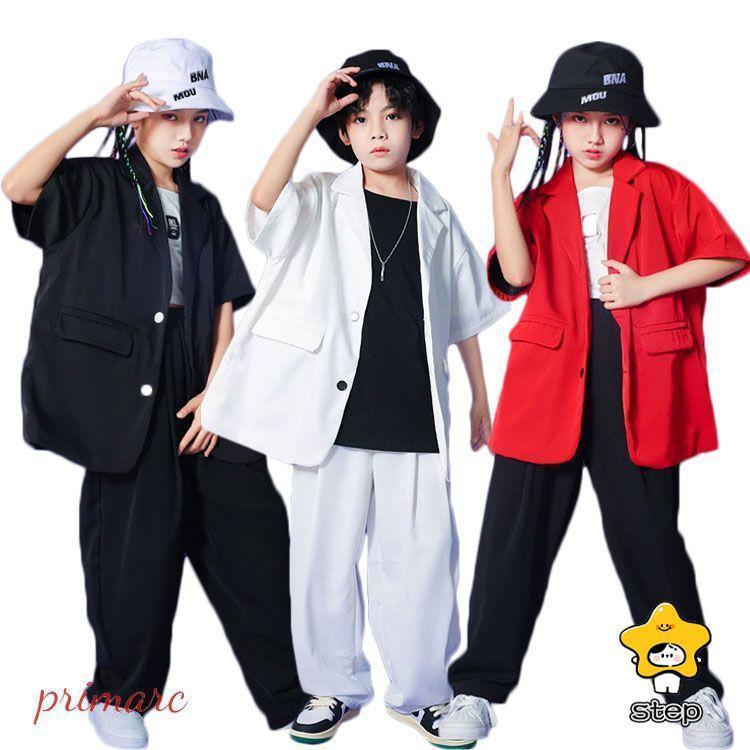 キッズ ダンス 衣装 白 パンツ ヒップホップ ダンススーツ かっこいい 赤 シャツ HIPPOP K-pop ジャズ..