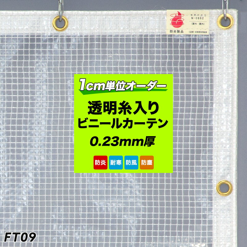 ビニールカーテン 屋外 透明 室内 糸入り オーダー【FT09】防炎 難燃 透明 0.23mm厚 幅50～100cm 丈151～200cm 間仕切り ビニールシート 倉庫 工場 ベランダ 家庭用 屋台 雨よけ 風よけシート 防風 防寒 分煙カーテン 分煙ビニールカーテン 喫煙所 飛沫防止シート JQ