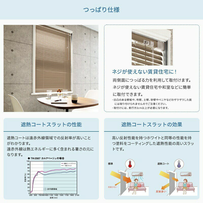 壁際貴族 wallのアルミブラインド 突っ張り 賃貸OK つっぱり ブラインドカーテン アルミ アルミブラインドカーテン 立川機工 日本製 遮熱 遮光 アルミ製ブラインド TKF 幅81〜120cm 丈121〜180cm つっぱりタイプ JQ｜アングル3