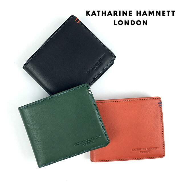 樂天商城 - 二つ折り財布 メンズ 本革 ブランド レザー 箱付き 革 490-50701 KATHARINE HAMNETT キャサリンハムネット 牛革 本革 レザー 2つ折り メンズ財布 BOX小銭入れ お洒落 男性 女性 小物 おしゃれ かっこいい 黒 緑 橙 型押し 誕生日 ギフト プレゼント