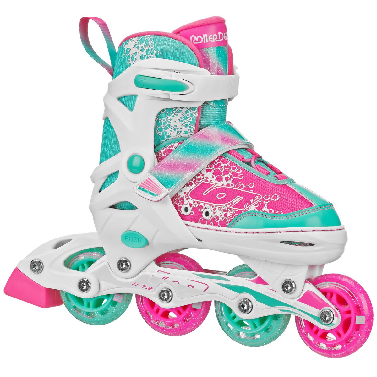 | Roller Derby ION 7.2 Girl's Adjustable Inline Skates（イオン 7.2 ガールズ アジャスタブル インラインスケート）。ボタンを押すだけでサイズ調節が可能!ミディアムは2号から5号まで。Smallは11J-1まで拡張可能 軽量アルミフレームとウレタンホイール（Mediumは72mm、Smallは64mm） Fast Silver-5 Speed Rated（カーボン） ベアリング | ※商品の仕様やパッケージは予告なく変更になる場合がございます。 ※化粧箱に破損があっても内容品に問題が無い場合は返品・交換を承ることはできません。 【重要】注意事項（ご購入前に必ずお読みください。） ・当店でご購入された商品は、原則として、「個人輸入」としての取り扱いになり、全てアメリカのカリフォルニア州からお客様のもとへ 直送されます。 ・個人輸入される商品は、全てご注文者自身の「個人使用・個人消費」が前提となりますので、ご注文された商品を第三者へ譲渡・転売することは法律で禁止されております。 ・通関時に関税・輸入消費税が発生した場合は当店が負担いたします。お客様にお支払いいただく関税・輸入消費税はございません。 ・前払いの場合はご入金日から、それ以外の場合はご注文日から7日以内に国際発送、17日以内にお届け予定です。商品の在庫状況やアメリカ国内での配送状況、通関の状況等によって、商品のお届けまでに17日以上かかる場合がございます。 ・住所不明・長期不在・受取拒否などお客様のご都合で商品を受け取りされず、配送会社のセンターへ商品が返送された場合、当店が定める期日までにお客様から配送会社へ再配達のご連絡をして頂けない場合はご注文をキャンセルさせて頂きます。その場合でもアメリカからの商品の発送費用や返送費用などは請求させて頂きます。 ＊色がある商品の場合、モニターの発色の具合によって実際のものと色が異なって見える場合がございます | Roller Derby ION 7.2 Girl's Adjustable Inline Skates: Adjustable sizing at the push of a button! Medium expands from size 2 to 5. Small expands from 11J-1 Lightweight aluminum frames with Urethane wheels (Medium has 72 mm; Small has 64 mm) Fast Silver-5 Speed Rated (carbon) Bearings