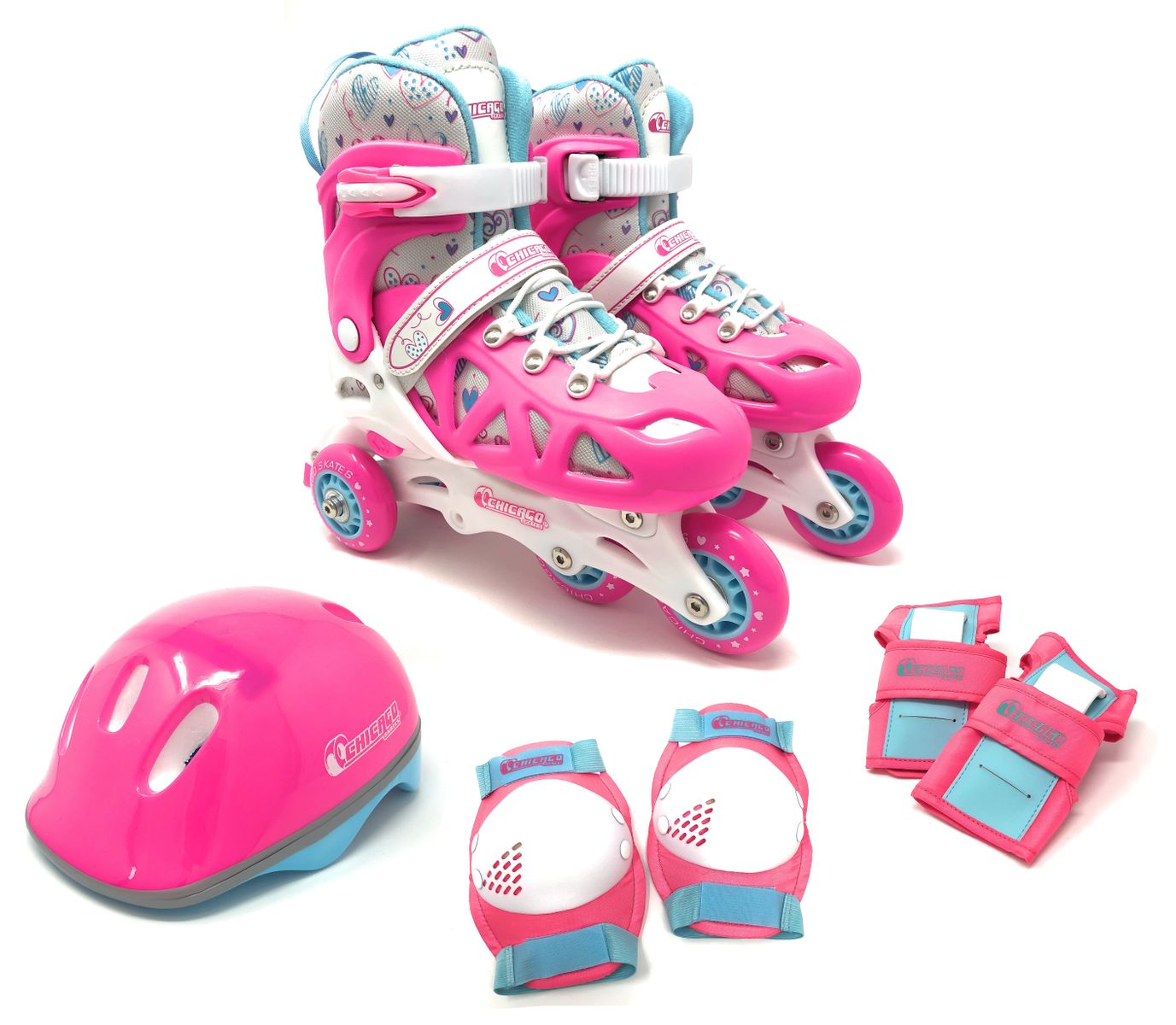 [RDY] [送料無料] Chicago Skates 調整可能なインライントレーニング用スケートコンボセット ピンク/ホワイト/ティール スケート ヘルメット ニーパッド リストガード キャリーオールバックパッ