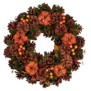[送料無料] カボチャと松ぼっくりと茶色とオレンジの秋のリース - 13.75インチUnlitの [楽天海外通販] | Brown and Orange Fall Wreath With Pumpkins and Pinecones - 13.75 Inch Unlit