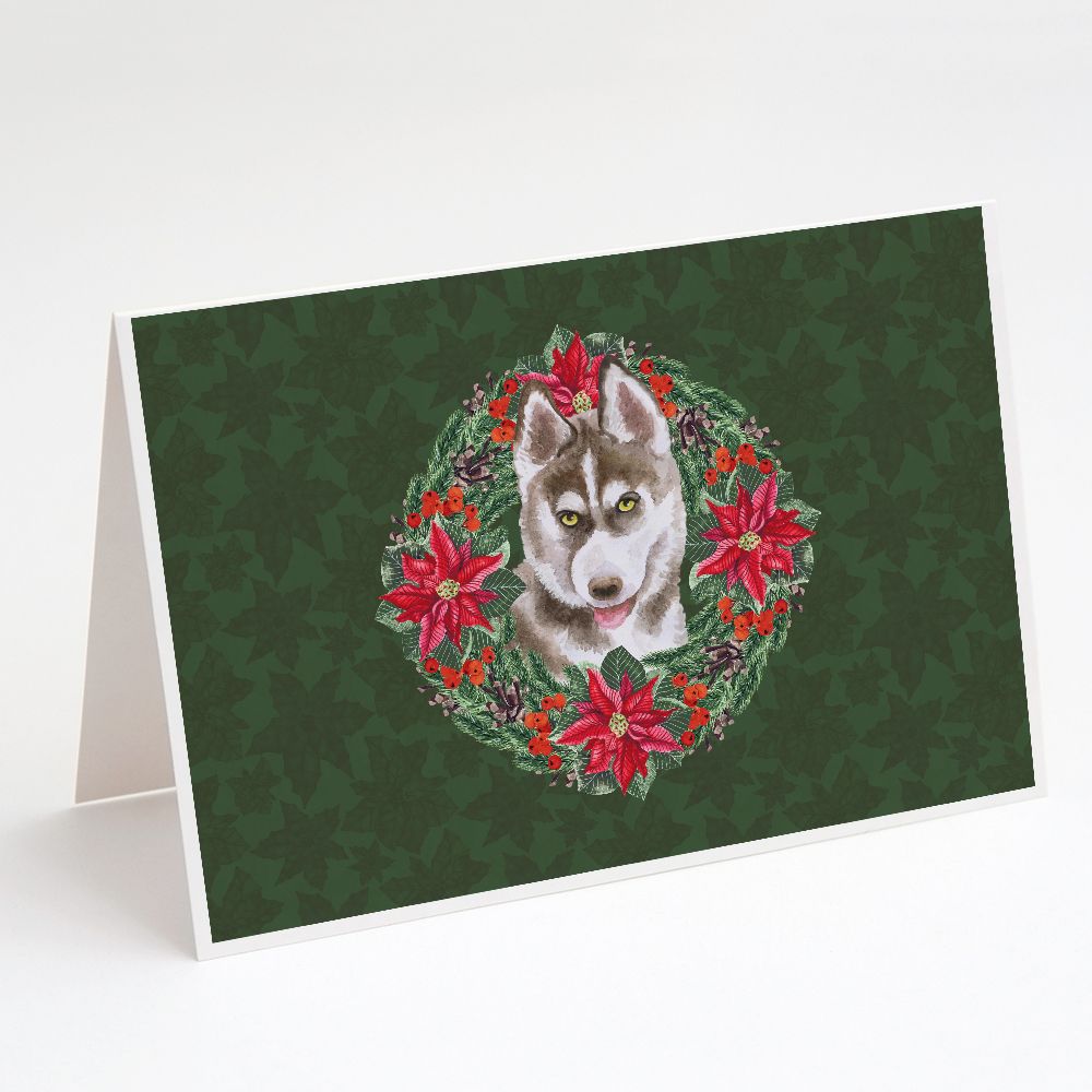   Caroline's Treasures Siberian Husky Grey Poinsetta Wreath Christmas Greeting Cards with Envelope, 5" x 7" (8 Count)（シベリアンハスキー グレー ポインセッタ リース クリスマス グリーティングカード