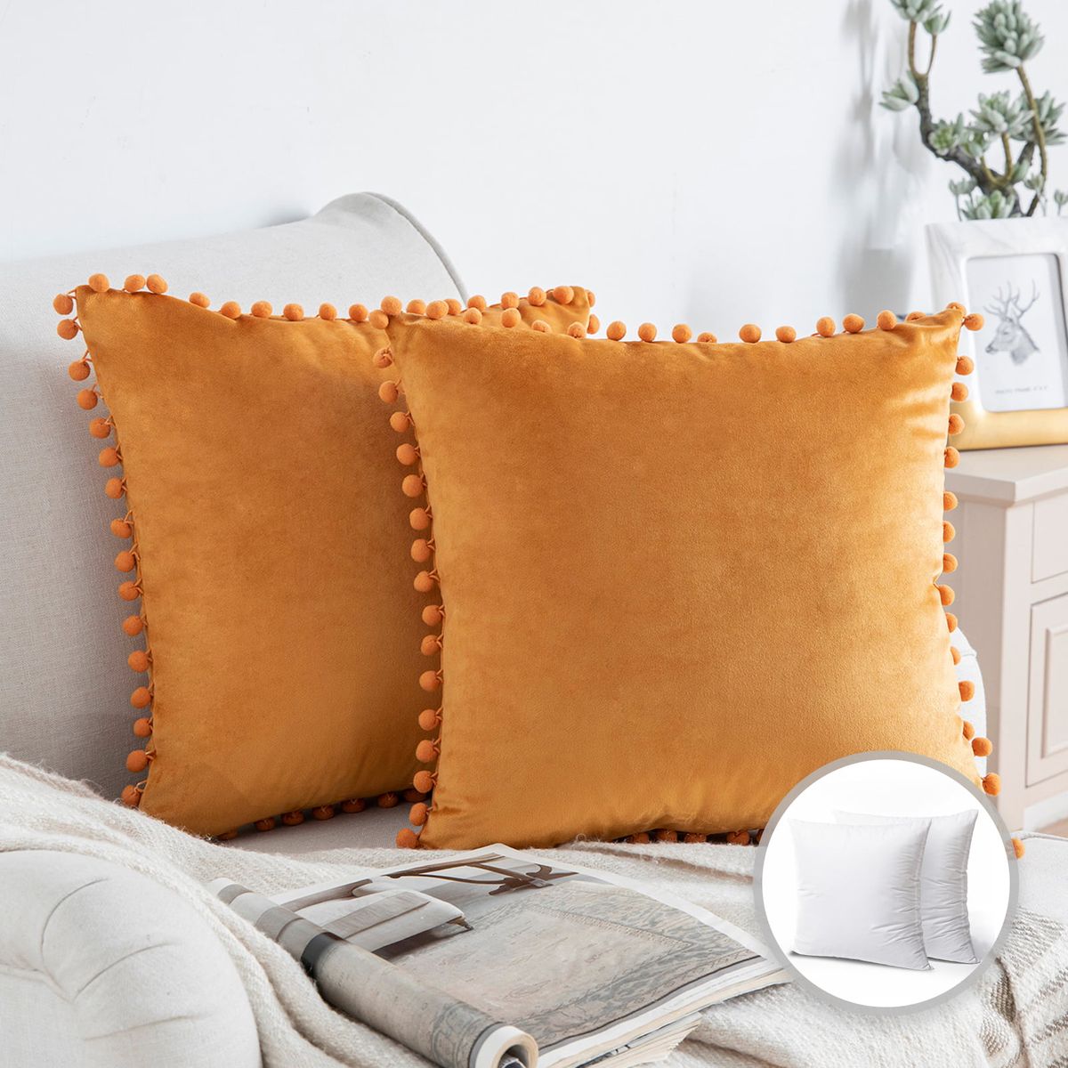 楽天Walmart 楽天市場店[RDY] [送料無料] Phantoscope インサート付きスローピロー，Silky Velvet Series Pom Pom Decorative pillow, 18