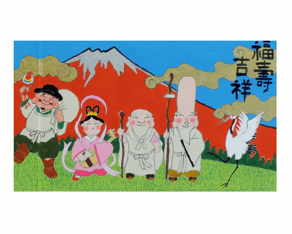 ミニ屏風 七福神-福壽吉祥-岡本 肇 手描き作品 絵画 水墨画 作家オフィス「和味文化研究所」直営店[アート インテリア 壁掛け 壁飾り 装飾 置物 屏風][七福神 縁起物 プレゼント ギフト]