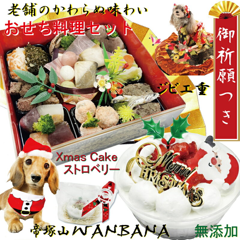 【ポイント5倍】送料無料 犬用のおせち料理 クリスマスケーキとお節料理セット 食べきりサイズミニケーキ3号直径10cmとジビエの重 【ワンバナ】 豪華なお重箱お品書き付 小野住吉神社 犬康祈願 人気のお正月 手作り 小中大型犬 無添加 安心 食材使用 国産 2025 お祝い ギフトのサムネイル